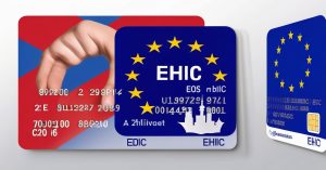 * **Central element:** A stylized, clean representation of the EHIC card, perhaps with a subtle map overlay of Europe or key European landmarks in the background (e.g., Eiffel Tower silhouette, Brandenburg Gate).